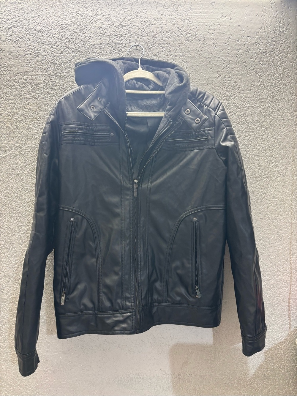 Men's Black Faux Leather Hooded Bomber Jacket